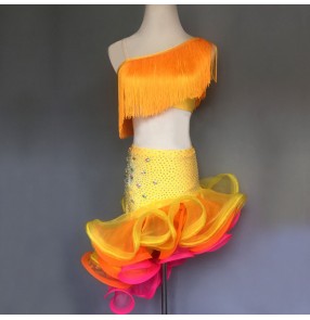 Handmade custom size competition diamond Yellow tassels latin salsa rumba dancing dresses costumes for women girls