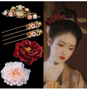 Hanfu fairy dress headdress for women girls Tang Song Ming queen princess cosplay dance hair accessories Kimono hairpin retro imitation silk flower hairpins crown
