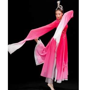 Hanfu Fuchsia gradient colored Waterfall Sleeves Chinese folk dance costumes for women female chinese ancient traditional folk costumes fairy princess performance dresses