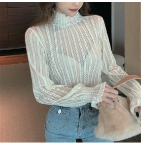 High neck lace bottoming shirt for women female fashion sexy hollow bottoming shirt top for women