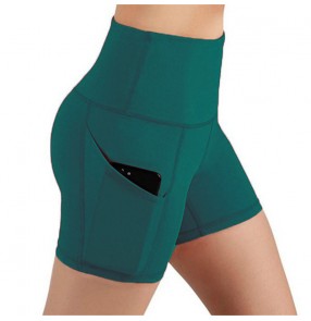 High waist yoga shorts for women diagonal pockets running training sports tight fitness gyms workout shorts