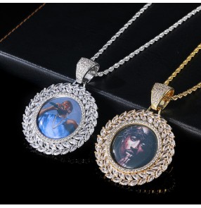 Hip-hop custom Photo fashion family memory necklace wheat ear round photo frame solid photo pendant inlaid zircon trendy personality wedding anniversary birthday DIY gift necklace