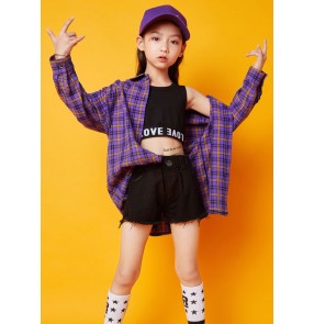 Hiphop Street dance costumes for girls hip-hop style jazz dance outfits child purple plaid shirt modern dance rapper gogo dancers performance clothing for kids