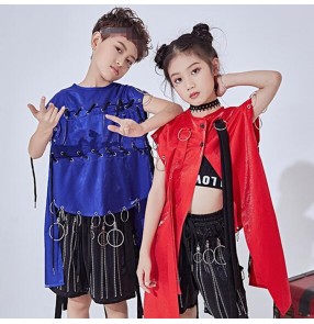 hiphop street modern dance outfits for girls boys royal blue singers jazz rap break dance school competition stage performance gogo dancers tops and shorts