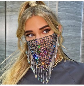 Hollow AB silver rhinestones bling fashion face masks for women night club singers stage performance video photos shooting belly dance tassels veil mask bling jewelry for female