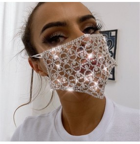 Hollow rhinestones fashion face masks for women stage performance masquerade party night club mouth mask for female