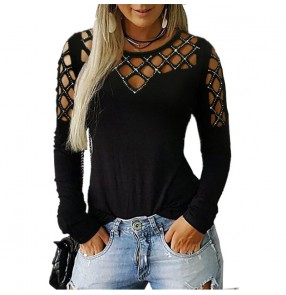 Hollow rhinestones plus size fashion blouses for women long-sleeved see throug front T-shirt  tops 