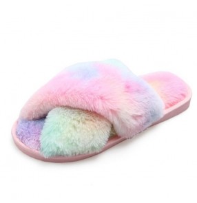 Home Plush slippers women fashion colorful cross open toe plush slippers plus size home fur indoor slippers