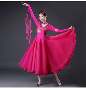 Hot pink red ballroom dancing dresses for women girls flowers diamond waltz tang foxtrot smooth standard dance dress for female