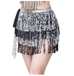 Indian bohemia belly dance skirt for women pink blue silver wrap scarf performance clothing sequin skirt waist scarf sequins tassel dance hip scarf waist chain