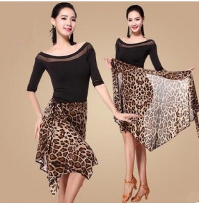 Black abd leopard patchwork short sleeves round neck wrap hip scarf skirt women's ladies female latin samba salsa cha cha dance dresses split set top and wrap scarf skirt 