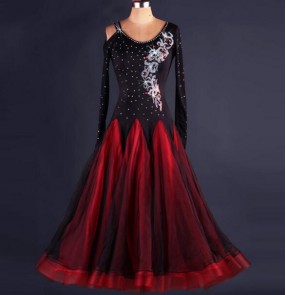 Black and red patchwork rhinestones diamond long sleeves one hollow shoulder women's ladies female competition  professional waltz tango ballroom dancing dresses