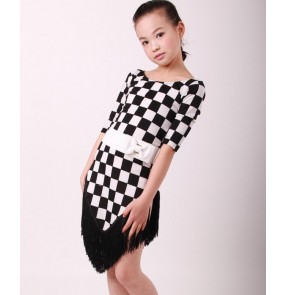 Black and white square printed plaid round neck backless fringes girls kids child children toddlers baby  gymnastics growth salsa cha cha rumba samba latin dance dresses with sashes