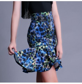 Black blue leopard printed floral side split ruffles hem women's ladies performance competition latin salsa cha cha dance skirts