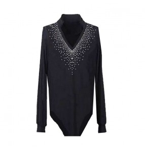 Black colored male mans men's mens competition professional v neck long sleeves diamond standard latin samba waltz tango ballroom dance body leotard tops and  shirts