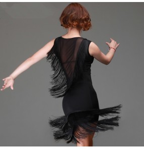 Black colored round neck v neck see through tulle back tassels sleeveless women's female ladies competition professional latin samba salsa cha cha dance rumba dance  dresses 