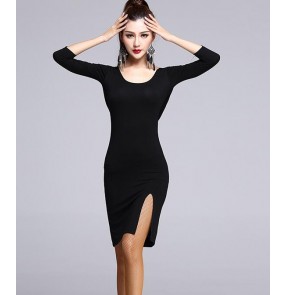 Black colored women's ladies female competition professional backless side split latin dance dresses cha cha samba salsa dancer costumes dresses