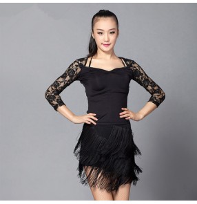 Black colored women's ladies female lace competition professional latin samba salsa cha cha dance dresses split set 