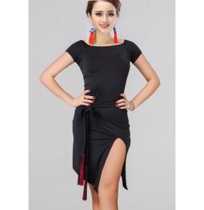 Black colored women's ladies female round neck short sleeves side split competition exercises practice latin samba salsa cha cha dance dresses with sashes