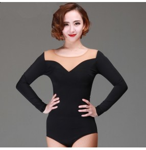 Black flesh mesh patchwork long sleeves v neck fashion sexy women's competition performance gymnastics latin ballroom cha cha dancing tops leotards bodysuits