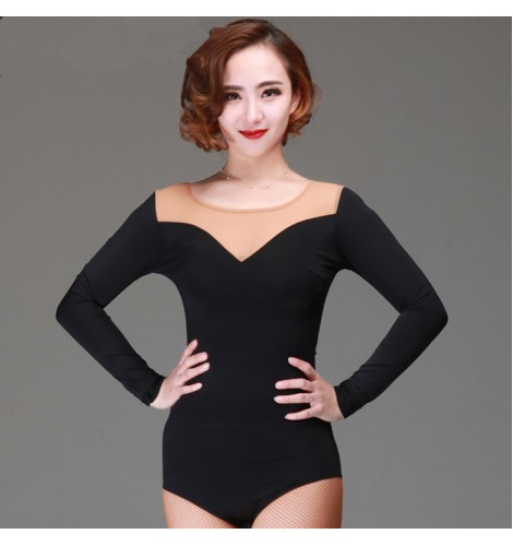 Black flesh mesh patchwork long sleeves v neck fashion sexy women's  competition performance gymnastics latin ballroom cha cha dancing tops  leotards bodysuits