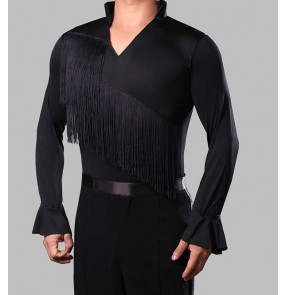 Black fringes tassels front v neck fashion men's male adult kids boys children long sleeves leotard latin ballroom tango waltz flamenco dance shirts tops for mens