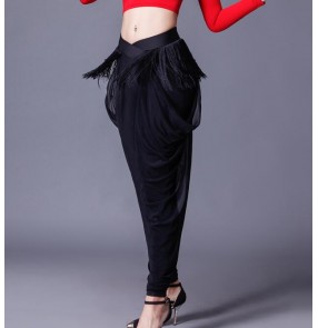 Black fringes women's ladies female competition fashion performance latin samba salsa cha cha dance harem loose  pants trousers