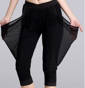 Black fringes women's ladies female fashion short knee length performance practice latin salsa cha cha rumba samba dance harem pants trousers