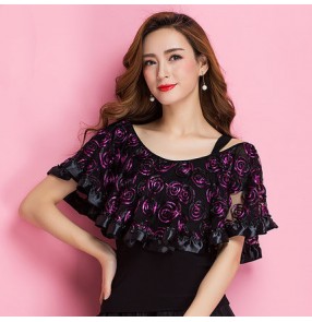 Black fuchsia hot pink rose appliques flowers women's ladies female competition performance professional ballroom tango waltz dance tops