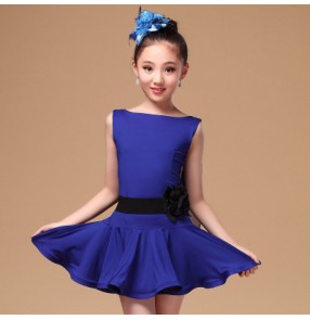 Black fuchsia royal blue colored girls kids child children sleeveless backless with sashes competition professional latin samba salsa cha cha dance dresses