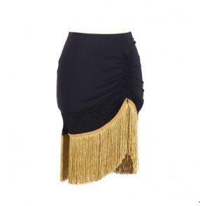 Black gold fringes tassels patchwork side split short length women's ladies female competition performance latin samba salsa dance skirts 