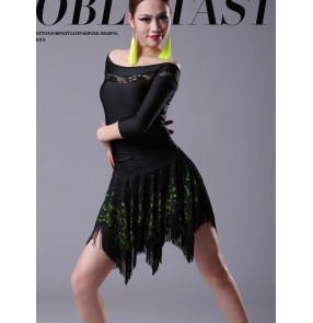 Black green Women's ladies sexy middle long sleeves boat neck tassels latin dance dresses salsa samba dress