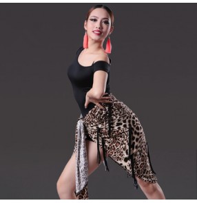 Black leopard patchwork colored women's ladies female competition professional salsa cha cha dance dresses split set tops and hipscarf skirts