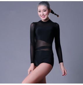 Black long sleeves mesh patchwork women's ladies female competition performance latin ballroom dance  leotards tops bodysuits unitard