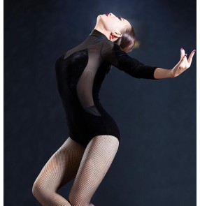 Black long sleeves velvet mesh patchwork sexy v neck competition performance professional women's ladies latin ballroom dancing leotards tops bodysuits