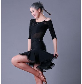 Black mesh middle long sleeves rhinestones women's ladies  diamond competition stage performance latin ballroom dance dresses ouftis