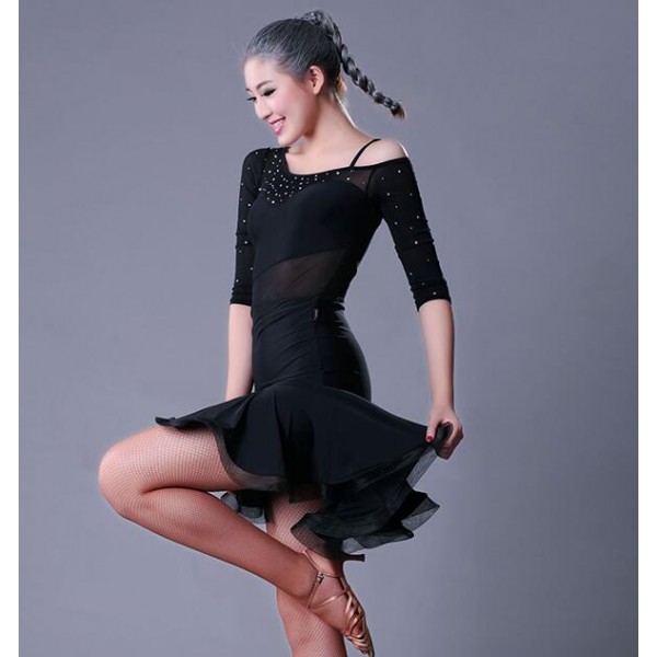 Latin Dance Dresses Black Mesh Middle Long Sleeves Rhinestones Women 