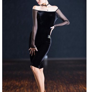 Black mesh velvet patchwork fashion sexy long sleeves back split slash neck competition performance professional ballroom latin cha cha salsa dance dresses outfits