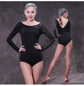 Black one shoulder lace long sleeves backless new women's ladies female competition performance solo professional latin ballroom salsa cha cha dance leotards tops 
