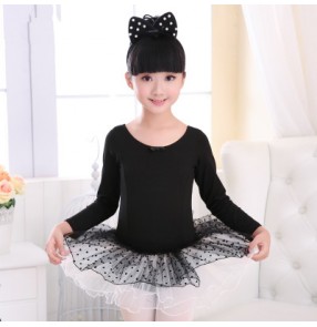 Black polka dot pink long sleeves tutu skirt girls kids children leotards gymnastics school performance competition ballet dance dresses outfits