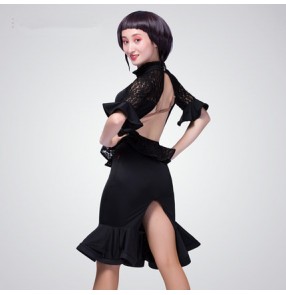Black purple violet lace patchwork ruffles waistline and hem backless women's ladies female competition stage performance leotards latin samba salsa dance dresses outfits