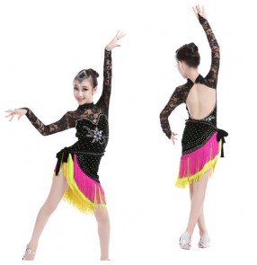 Black rainbow colored girls kids child children long lace sleeves rhinestones competition professional latin dance dresses split set body leotard tops and tassels skirts