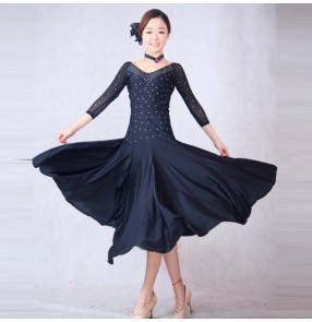 Black red blue turquoise rhinestones colored women's ladies female long sleeves competition professional practice latin ballroom waltz tango dance dresses