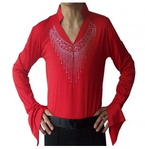 Black red colored mans mens men's male v neck rhinestones long sleeves competition professional latin tango ballroom waltz samba cha cha jive dance shirts tops