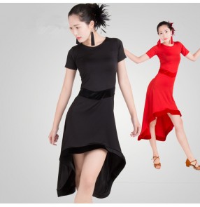 Black red colored short sleeves irregular hem competition professional latin samba salsa cha cha dance dresses