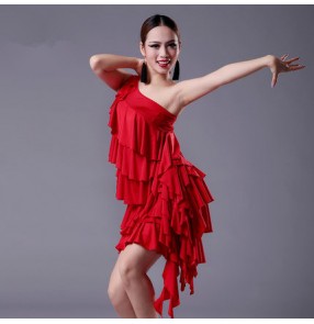 Black red colored women's ladies female ruffles layers one shoulder sleeveless sexy professional latin samba rumba cha cha salsa dance dresses split set 