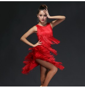 Black red fuchsia hot pink layers fringes tassels sleeveless back cross belt competition women's performance professional latin ballroom cha cha dance dresses