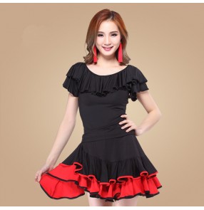 Black red fuchsia patchwork colored women's ladies female womens competition professional practice exercises latin dance dresses samba salsa rumba cha cha dance dresses split set 