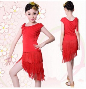 Black red Girls children child kids baby fringe competition professional latin dance dresses sets salsa cha cha dance dresses sets