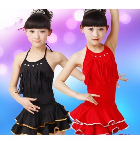 Black red Girls children kids child baby halter backless  exercises competition professional latin dance dresses salsa cha cha dance dresses 